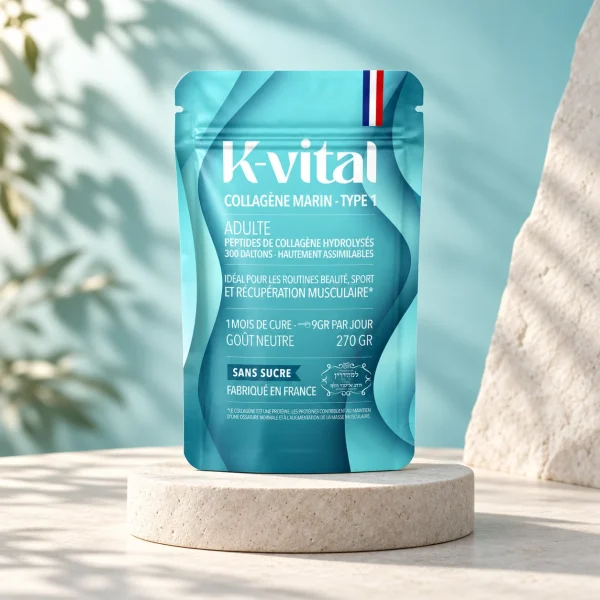 Doypack de collagène marin K-Vital type 1 sur un socle de travertin, mur bleu pâle