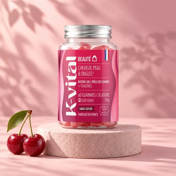 Pot de gummies Beauté K-Vital et cerises, mur rose