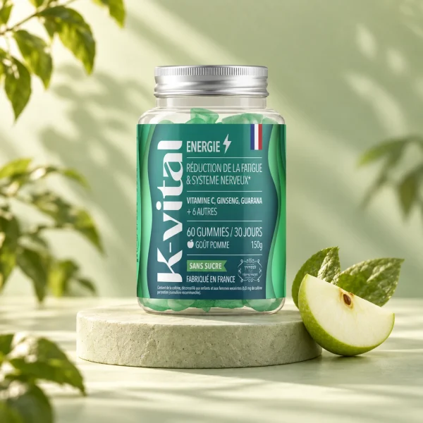 Pot de gummies Énergie K-Vital et quartier de pomme, mur vert tendre