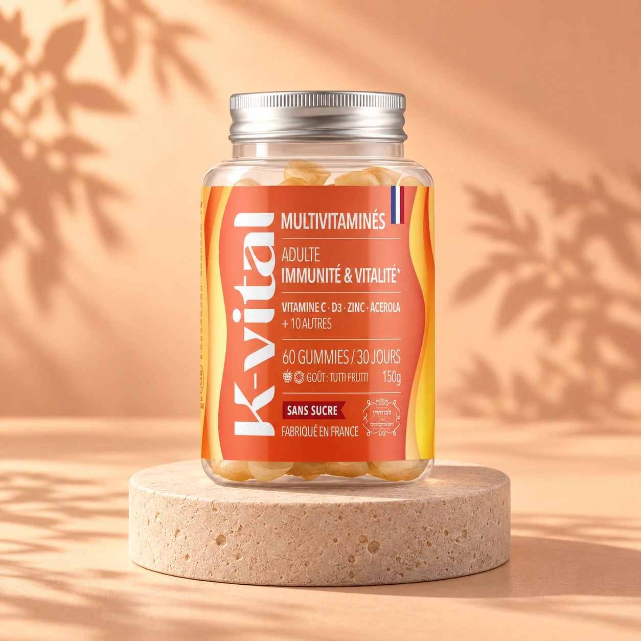 Pot de gummies Multivitaminés adulte K-Vital, mur abricot