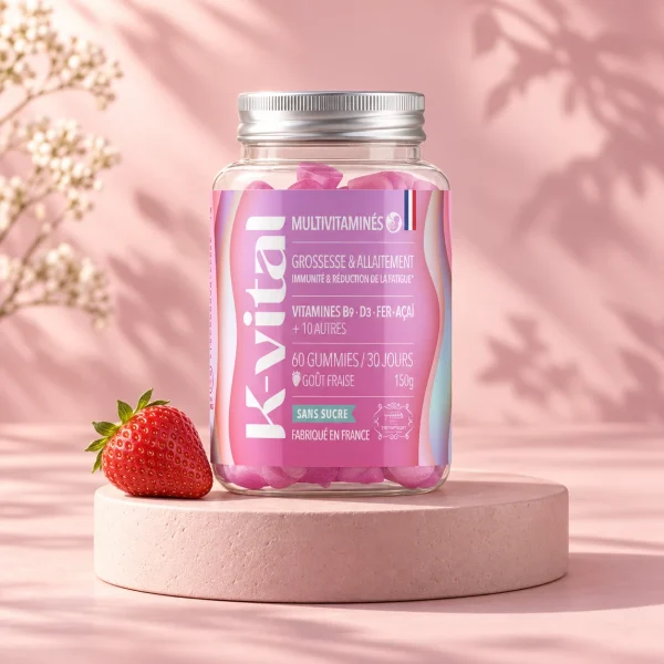 Pot de gummies Multivitaminés grossesse et allaitement K-Vital et fraise, mur rose